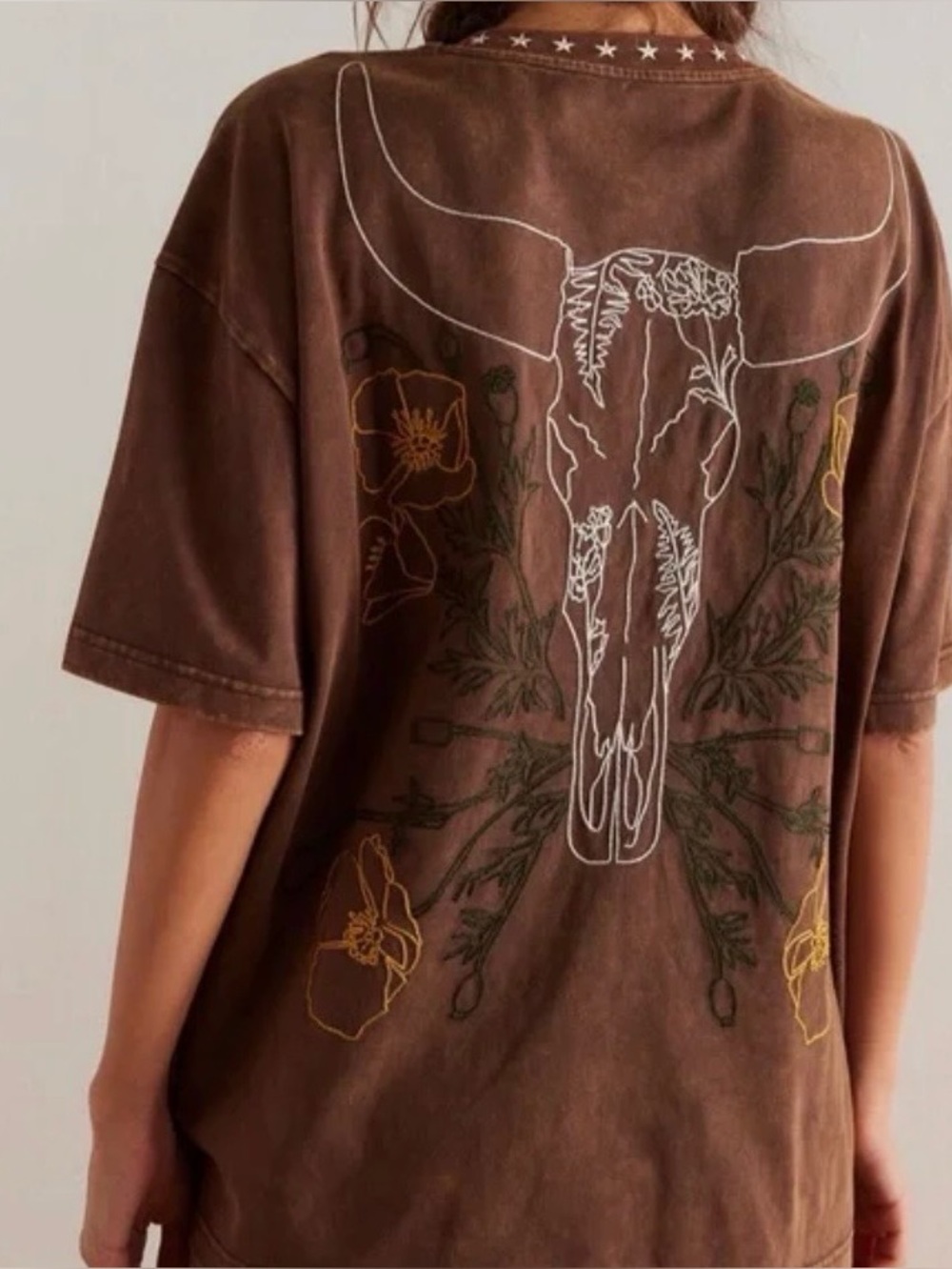 NWT!  Free People x Denim and Bone Frontier Embroidered Tee Western Brown ~ S